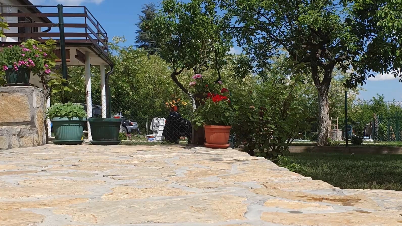 Staza od lomljenog kamena vodi kroz uređeno dvorište sa saksijama i zelenilom oko kuće