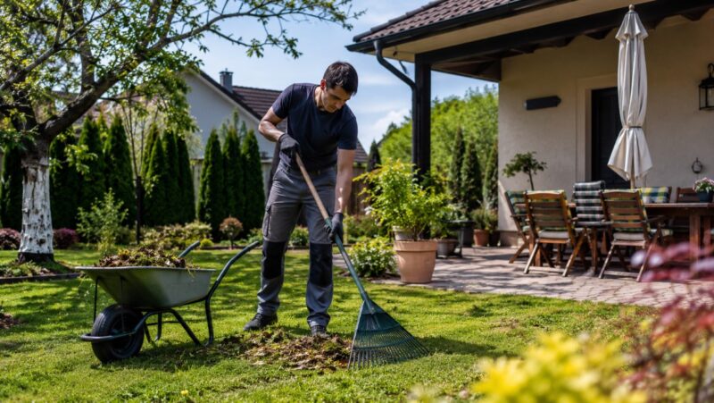 Muškarac čisti dvorište grabuljama i uklanja lišće ispred uređene kuće tokom pripreme dvorišta za leto